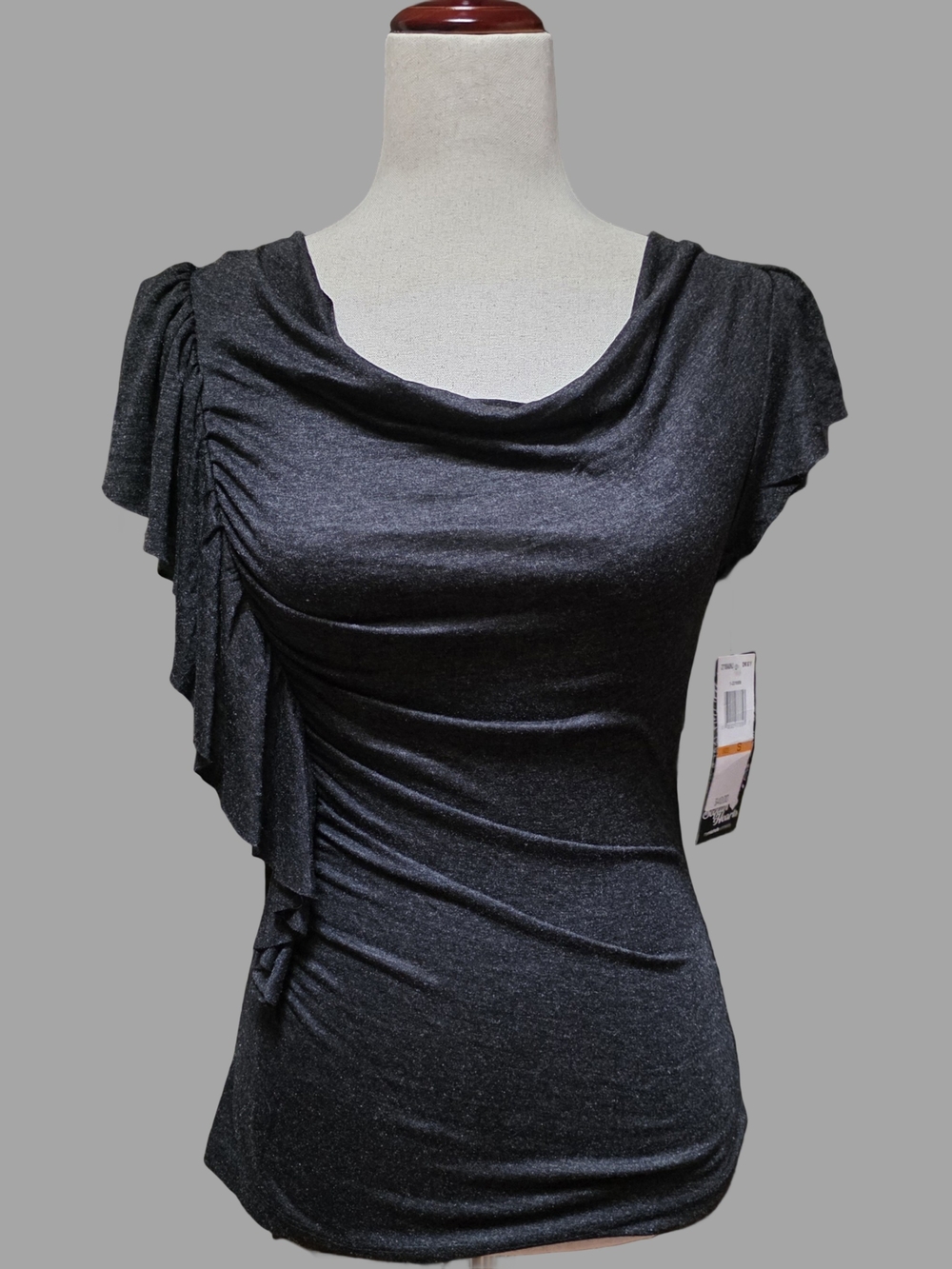NWT 2000s Y2K Sequin Hearts Grey Metallic Ruched Ruffle Short Sleeve Top